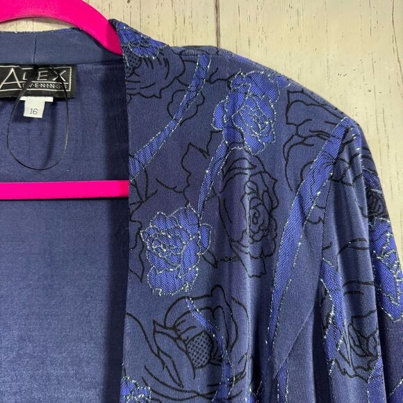 Alex Evenings Blue Floral Metallic Open Front Jacket Size 16 Elegant Formalwear - Picture 3 of 13